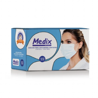 MÁSCARA TRIPLA C/ ELASTICO AZUL | CAIXA COM 50 UNIDADES (MEDIX)