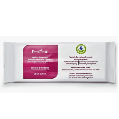 Toalhas Umedecidas Antibacterianas com Clorex e PHMB para Banho | 25x20cm | Pacote com 8 Unidades